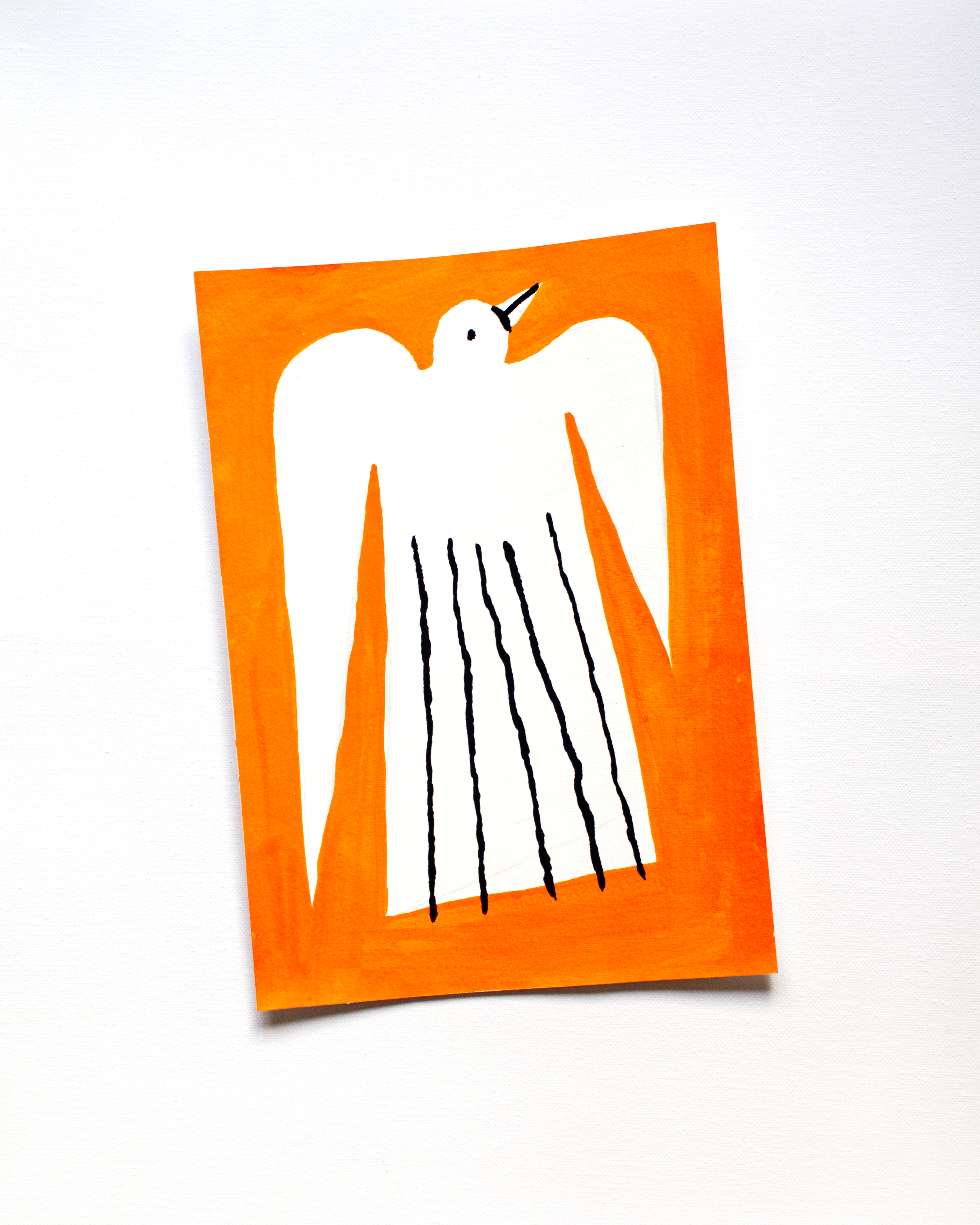 A stylized illustration of a white bird with a black beak and elongated tail feathers on an orange background. The birds wings are spread, creating a symmetrical design against the vibrant orange border, showcasing the elegance of art in nature.